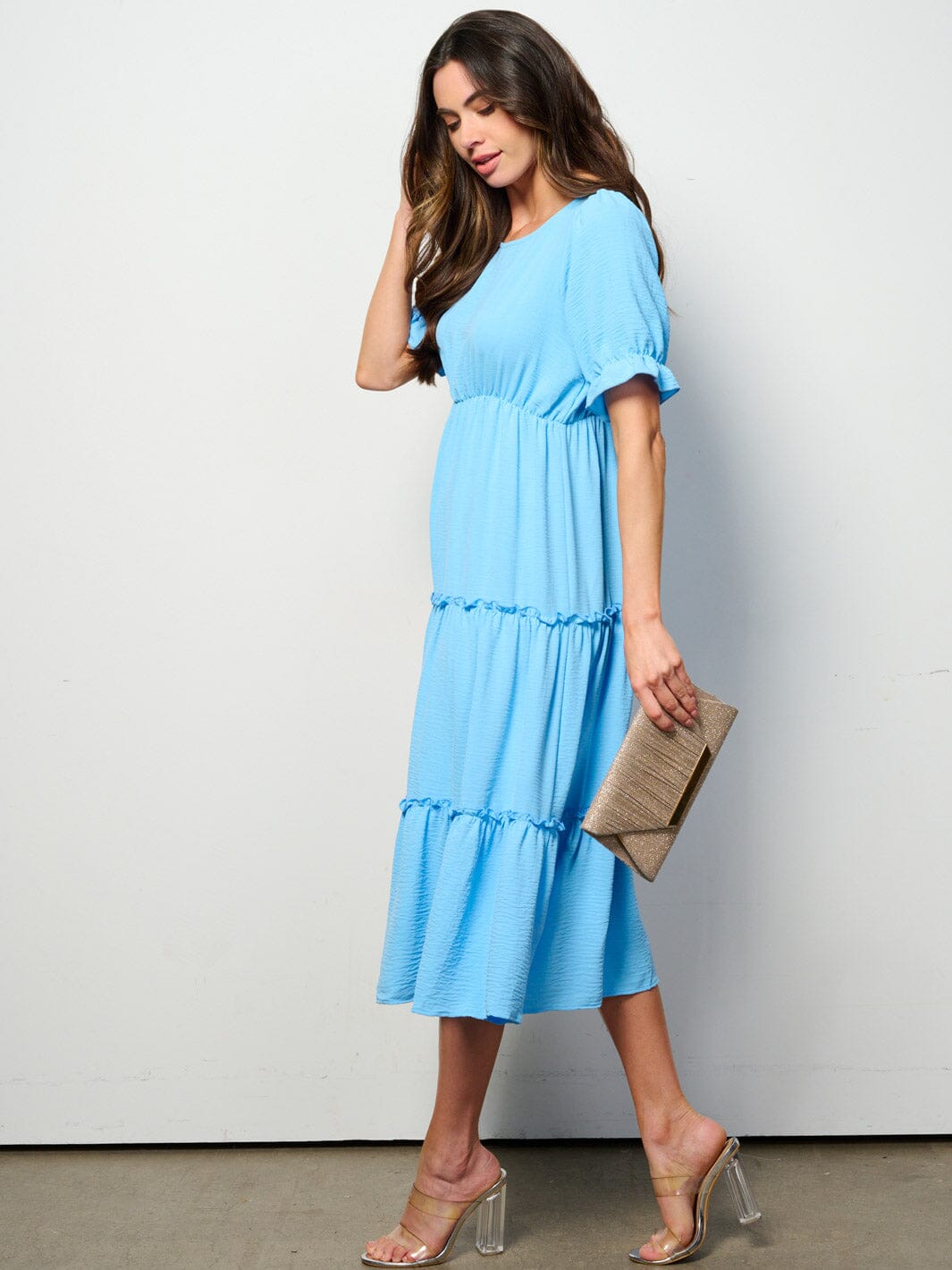 WOMEN'S SHORT SLEEVE ELASTIC WAIST TIERED MIDI DRESS