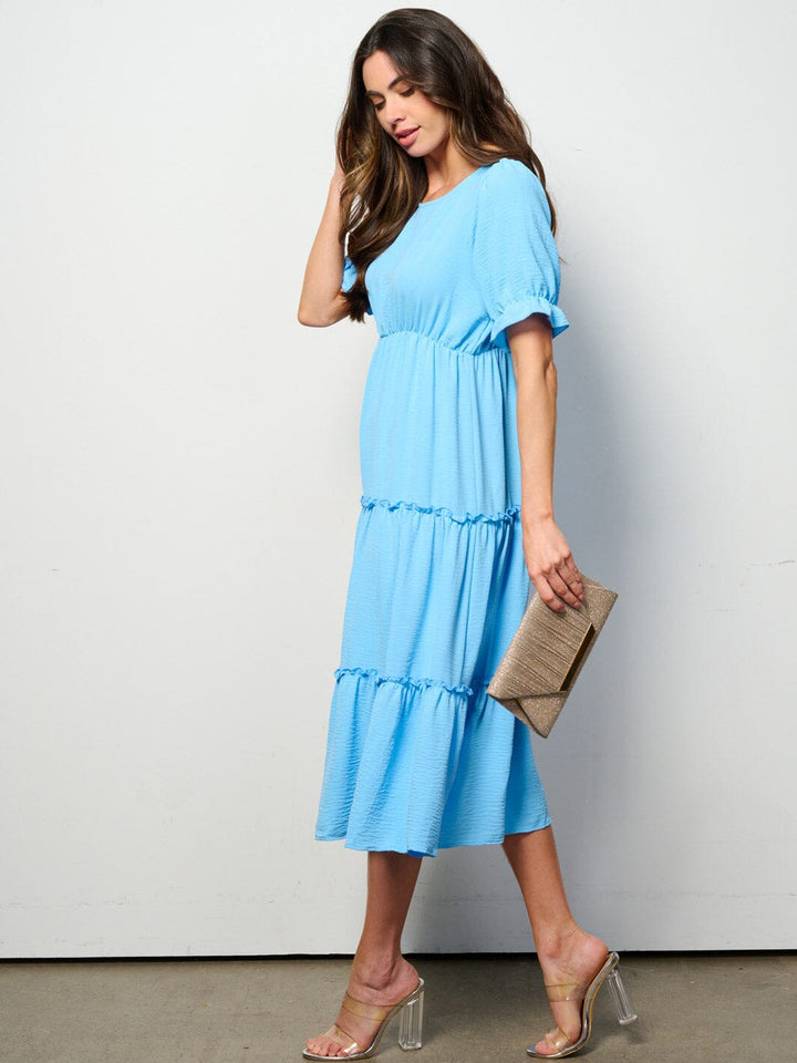 WOMEN'S SHORT SLEEVE ELASTIC WAIST TIERED MIDI DRESS