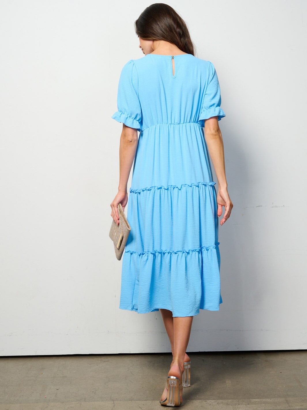 WOMEN'S SHORT SLEEVE ELASTIC WAIST TIERED MIDI DRESS