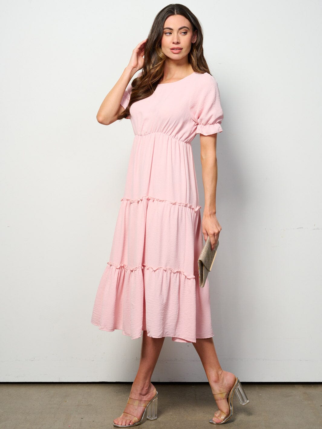 WOMEN'S SHORT SLEEVE ELASTIC WAIST TIERED MIDI DRESS