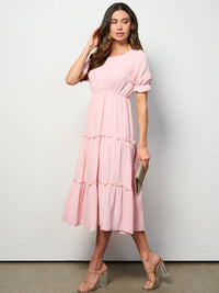 WOMEN'S SHORT SLEEVE ELASTIC WAIST TIERED MIDI DRESS