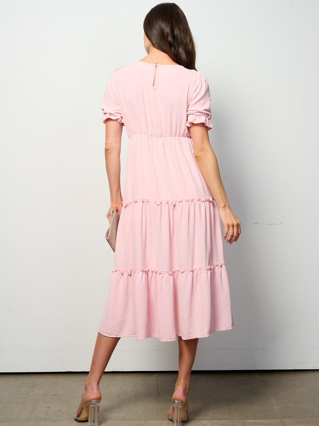 WOMEN'S SHORT SLEEVE ELASTIC WAIST TIERED MIDI DRESS
