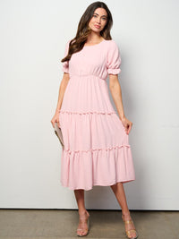 WOMEN'S SHORT SLEEVE ELASTIC WAIST TIERED MIDI DRESS