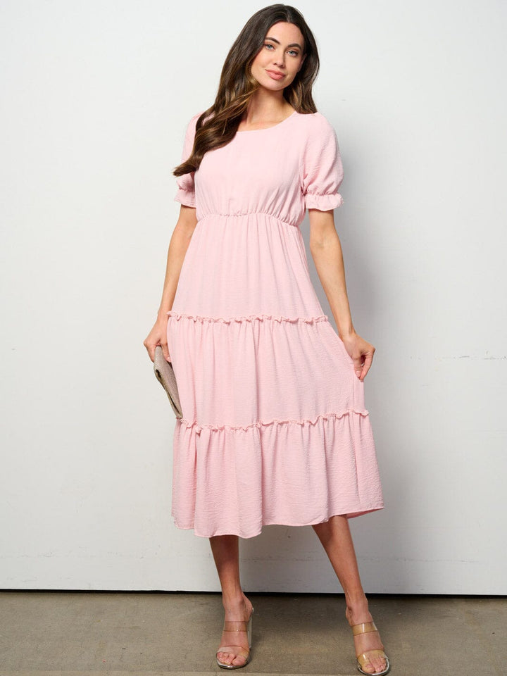 WOMEN'S SHORT SLEEVE ELASTIC WAIST TIERED MIDI DRESS