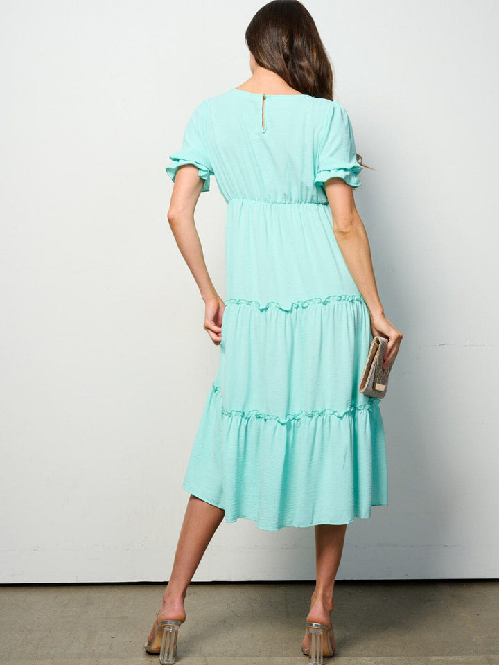 WOMEN'S SHORT SLEEVE ELASTIC WAIST TIERED MIDI DRESS