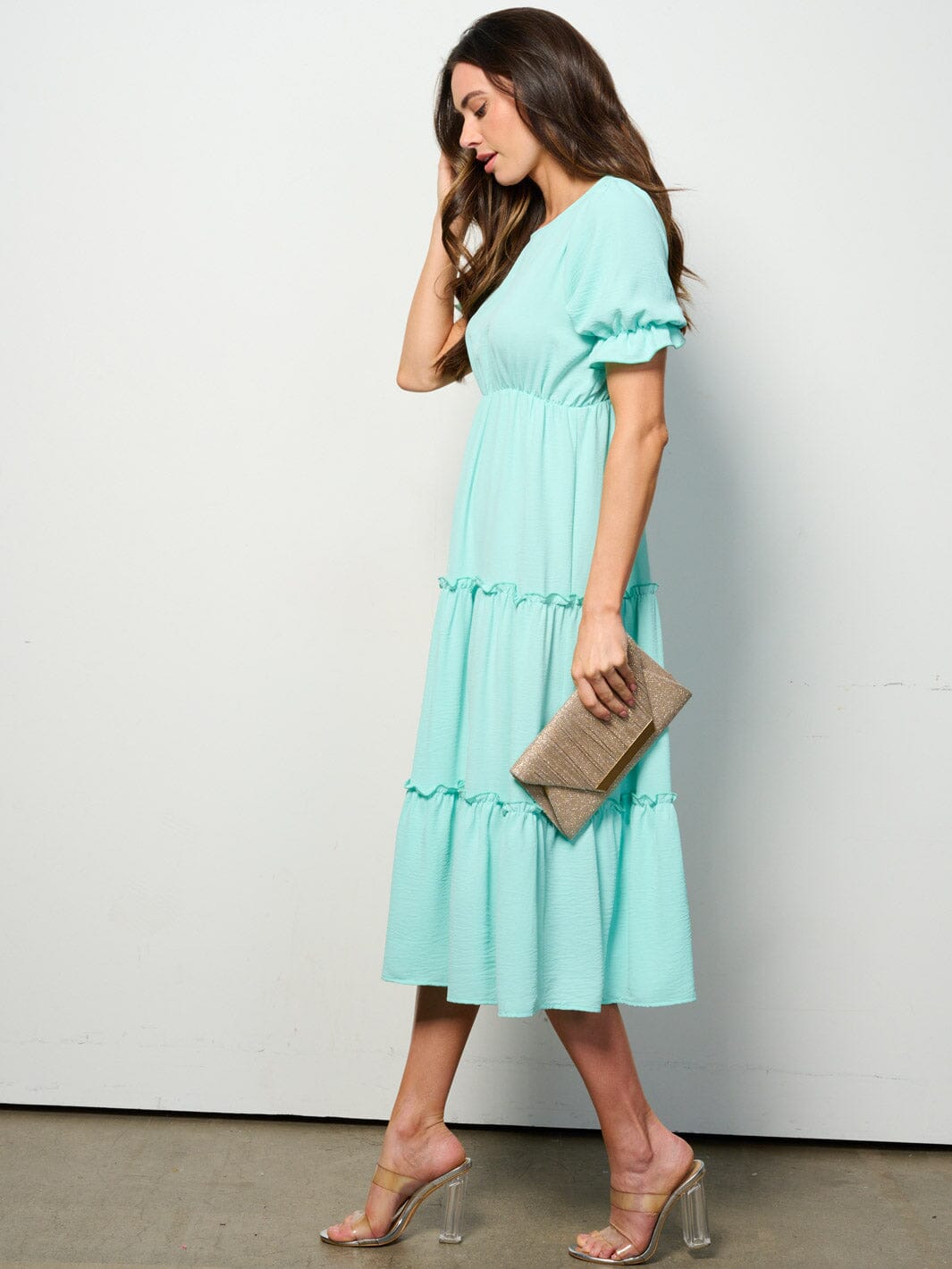 WOMEN'S SHORT SLEEVE ELASTIC WAIST TIERED MIDI DRESS