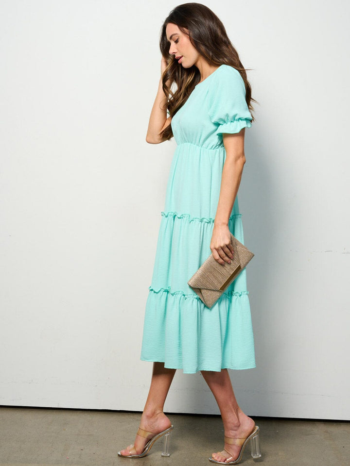 WOMEN'S SHORT SLEEVE ELASTIC WAIST TIERED MIDI DRESS
