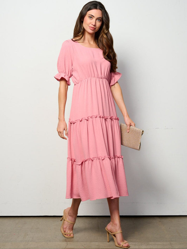 WOMEN'S SHORT SLEEVE ELASTIC WAIST TIERED MIDI DRESS