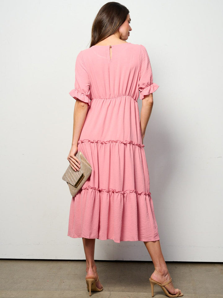 WOMEN'S SHORT SLEEVE ELASTIC WAIST TIERED MIDI DRESS