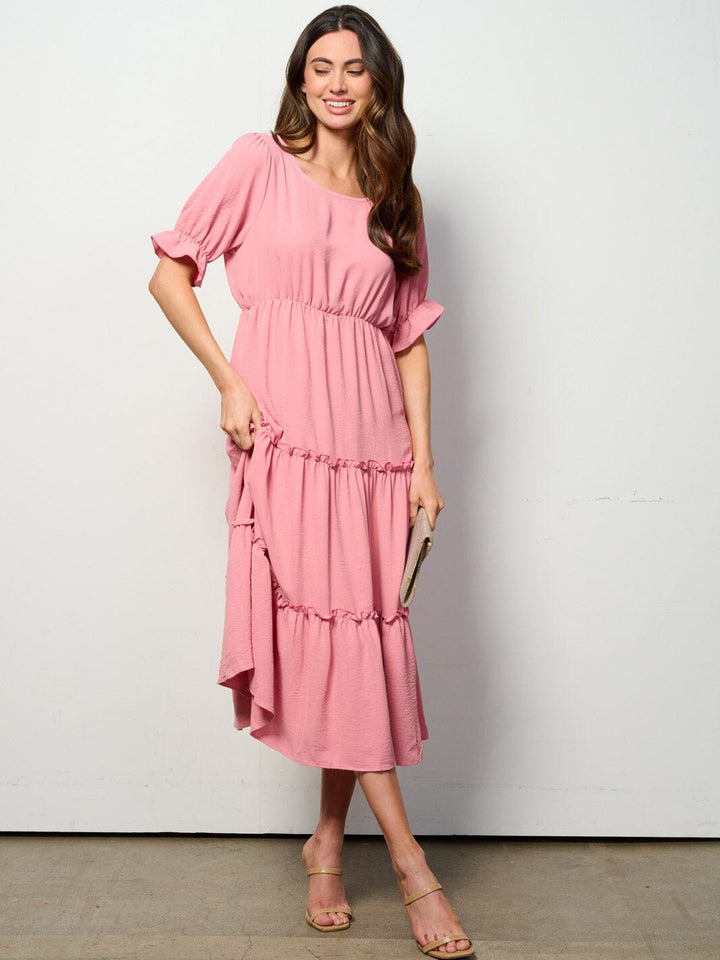 WOMEN'S SHORT SLEEVE ELASTIC WAIST TIERED MIDI DRESS