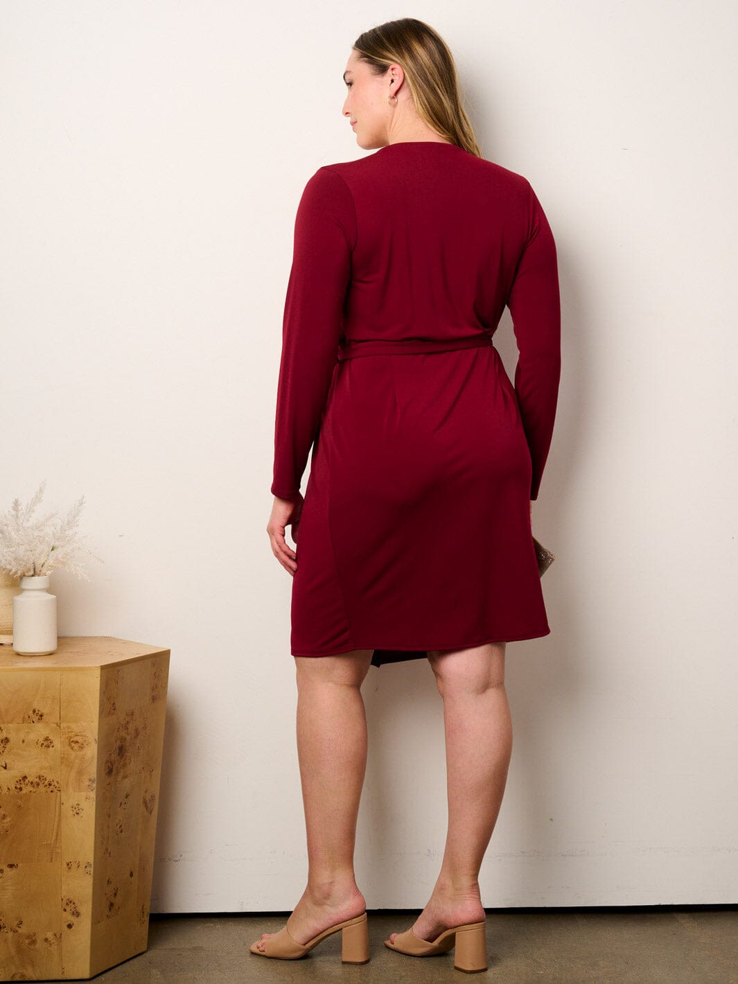 PLUS SIZE LONG SLEEVE SELF TIE BODYCON WRAP MINI DRESS