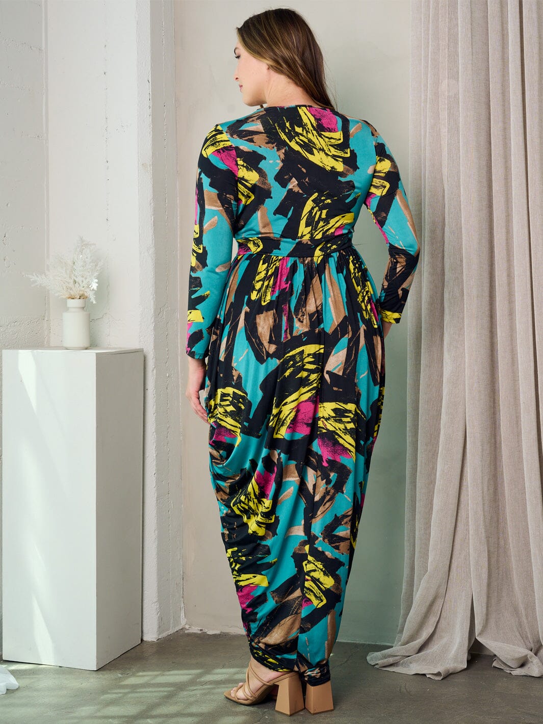 PLUS SIZE LONG SLEEVE V-NECK SURPLICE MULTI PRINT MAXI DRESS