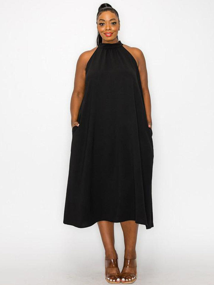 PLUS SIZE SLEEVELESS HALTER NECK POCKETS TUNIC MIDI DRESS