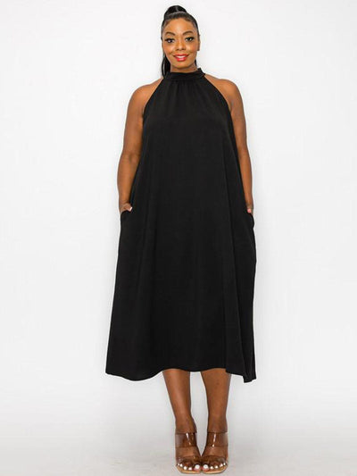PLUS SIZE SLEEVELESS HALTER NECK POCKETS TUNIC MIDI DRESS