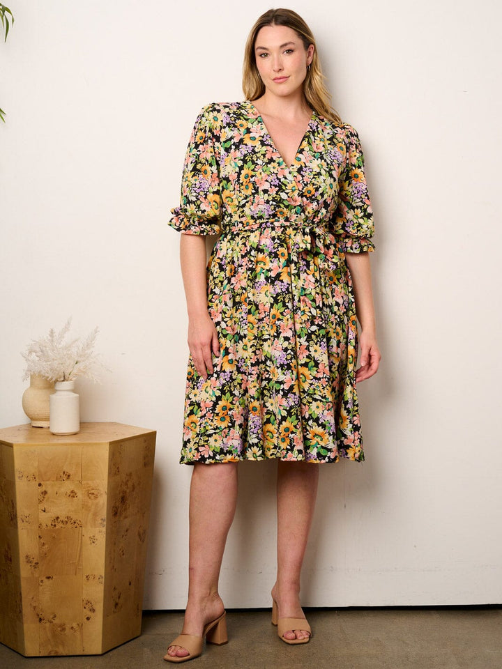 PLUS SIZE SHORT SLEEVE SURPLICE FIT & FLARE FLORAL MIDI DRESS
