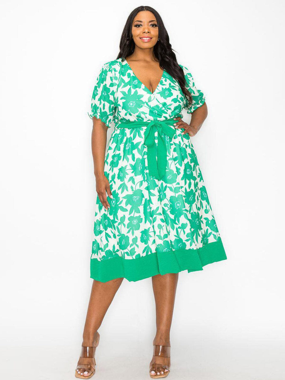 PLUS SIZE SHORT SLEEVE SURPLICE SELF TIE FLORAL MIDI DRESS