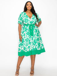 PLUS SIZE SHORT SLEEVE SURPLICE SELF TIE FLORAL MIDI DRESS