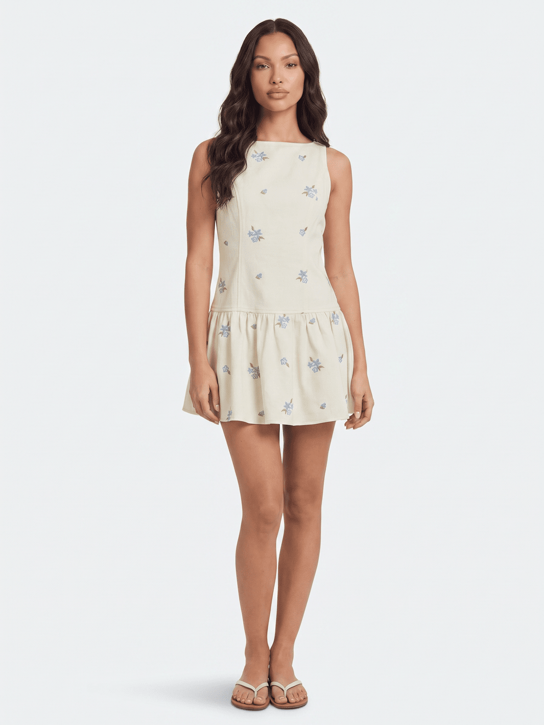 WOMEN'S SLEEVELESS ZIP UP FLORAL STITCHED DETAILED DENIM MINI DRESS