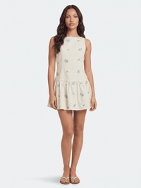 WOMEN'S SLEEVELESS ZIP UP FLORAL STITCHED DETAILED DENIM MINI DRESS