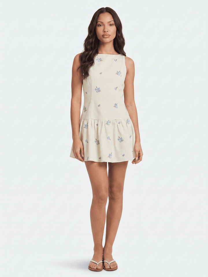 WOMEN'S SLEEVELESS ZIP UP FLORAL STITCHED DETAILED DENIM MINI DRESS