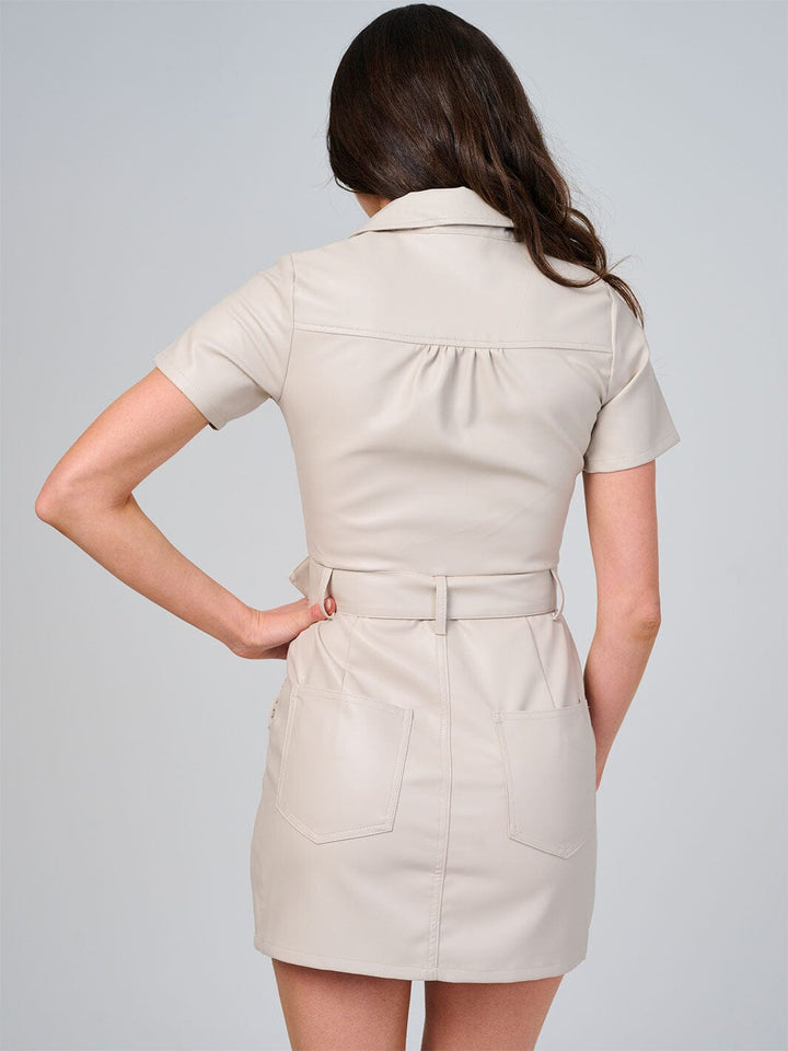WOMEN'S SHORT SLEEVE ZIPPER CLOSURE FRONT POCKETS BELTED PU PLEATHER MINI DRESS