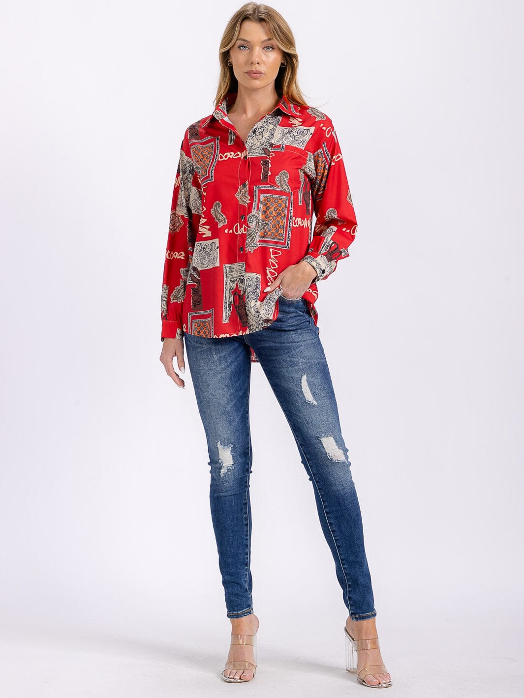 WOMEN'S LONG SLEEVE BUTTON UP FRONT POCKET MULTI PRINT BLOUSE