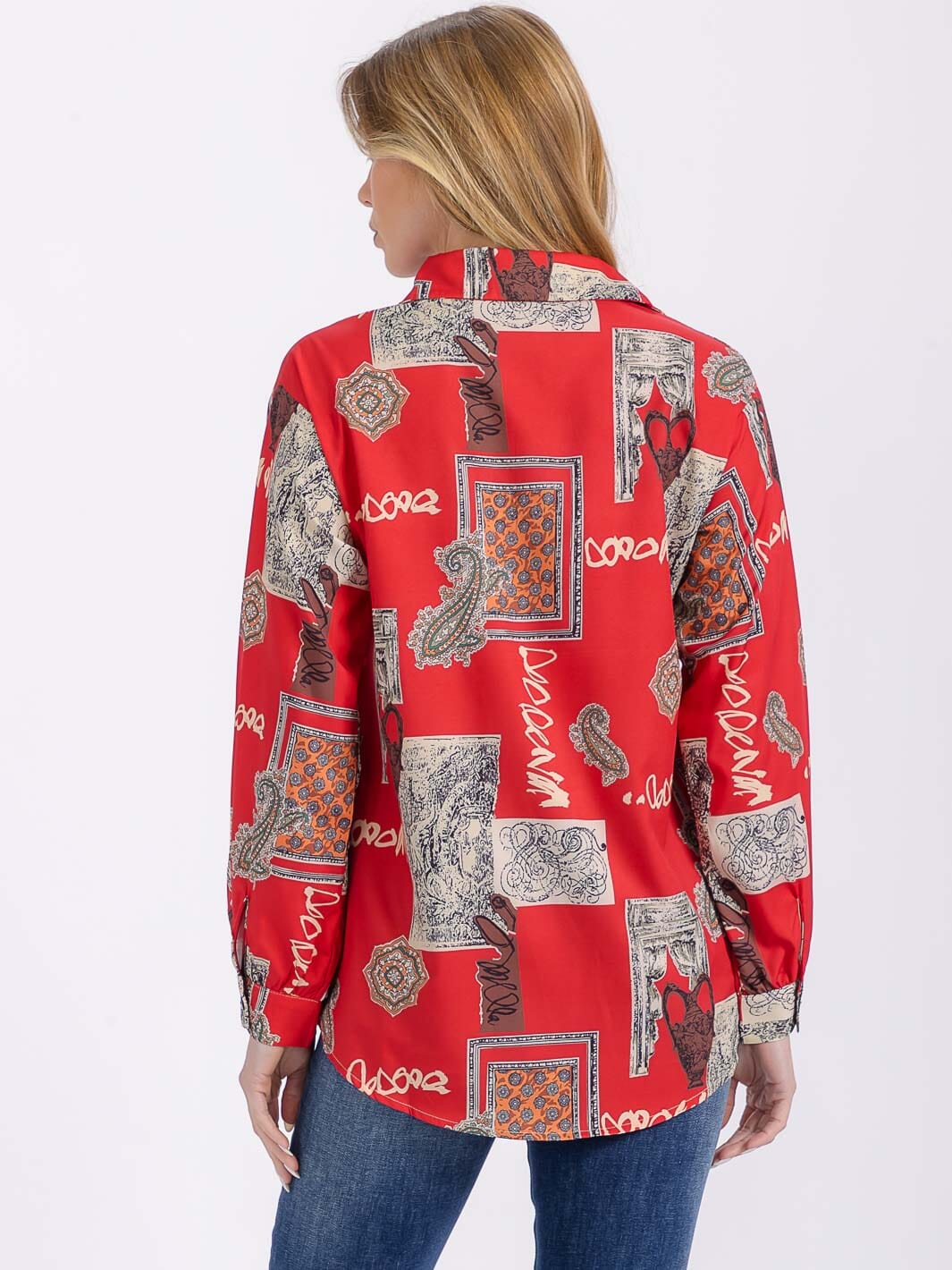WOMEN'S LONG SLEEVE BUTTON UP FRONT POCKET MULTI PRINT BLOUSE