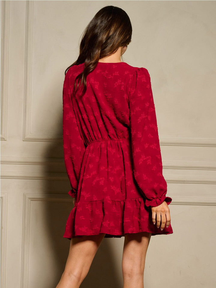 WOMEN'S LONG SLEEVE V-NECK ELASTIC WAIST DETAILED MINI DRESS