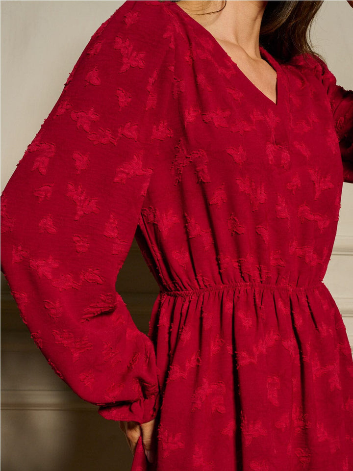 WOMEN'S LONG SLEEVE V-NECK ELASTIC WAIST DETAILED MINI DRESS