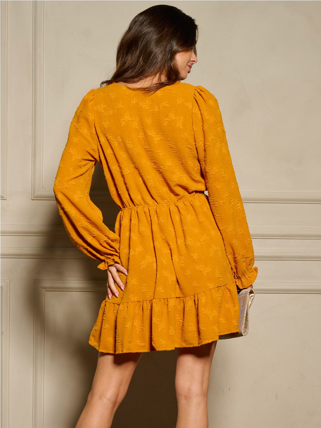 WOMEN'S LONG SLEEVE V-NECK ELASTIC WAIST DETAILED MINI DRESS