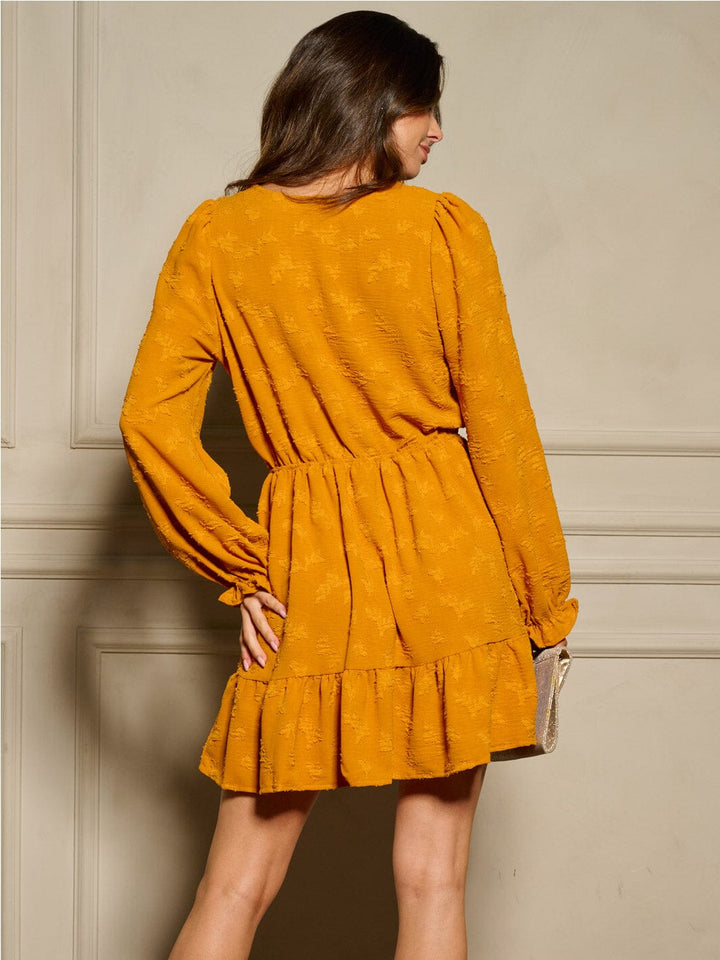 WOMEN'S LONG SLEEVE V-NECK ELASTIC WAIST DETAILED MINI DRESS