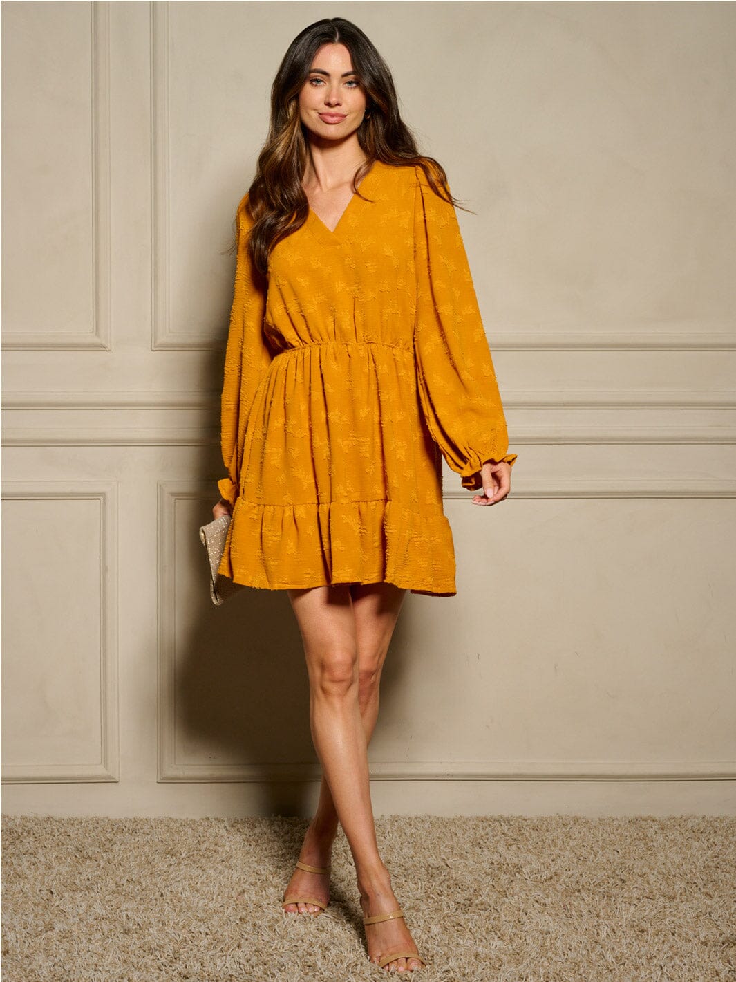 WOMEN'S LONG SLEEVE V-NECK ELASTIC WAIST DETAILED MINI DRESS