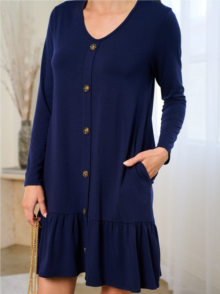 WOMEN'S LONG SLEEVE BUTTON UP POCKETS MINI DRESS