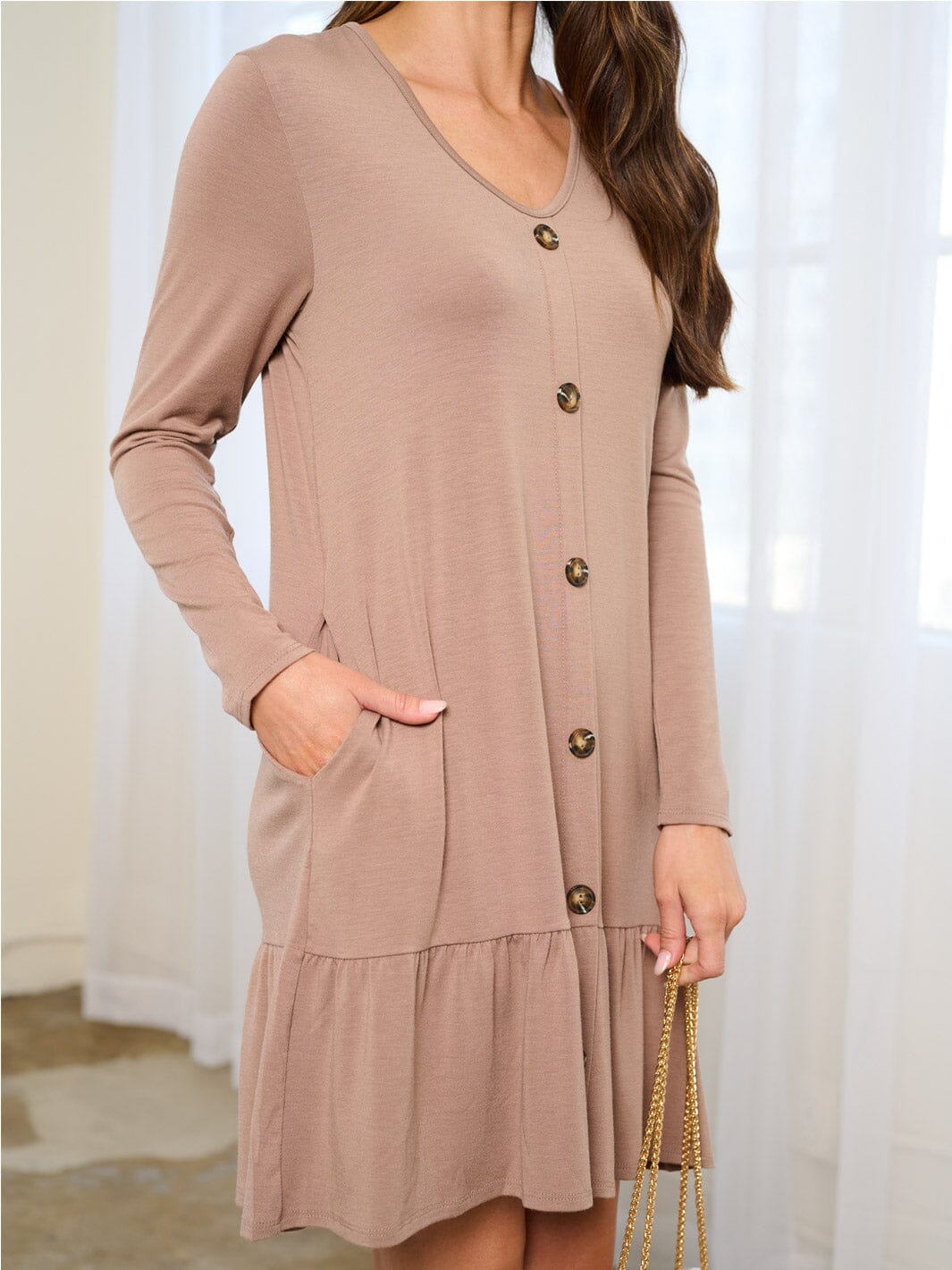 WOMEN'S LONG SLEEVE BUTTON UP POCKETS MINI DRESS