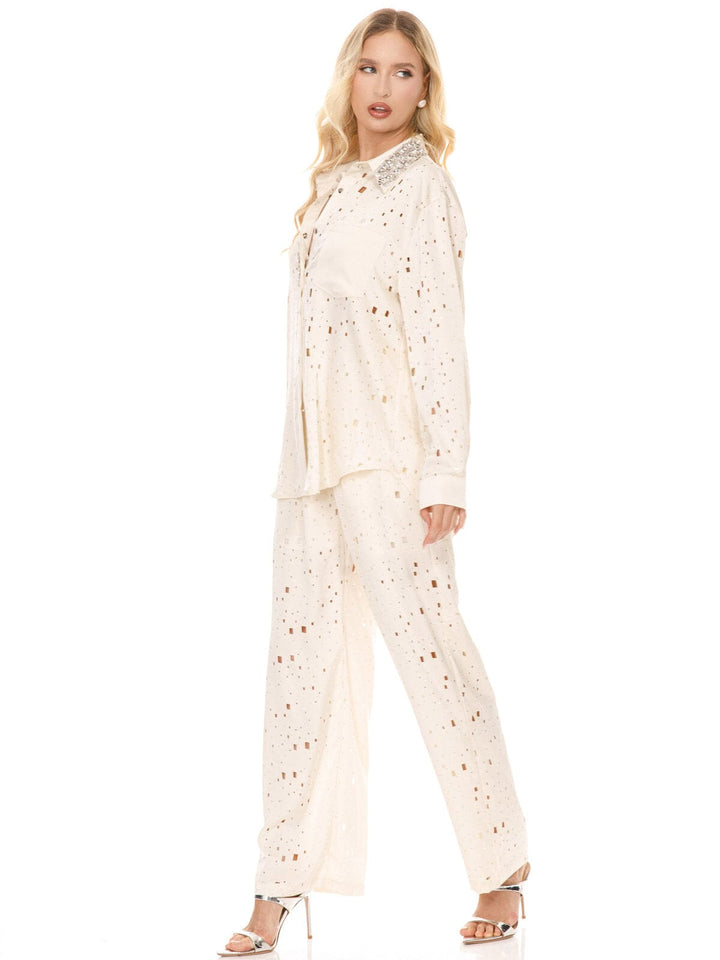 WOMEN'S LONG SLEEVE BLOUSE & ELASTIC WAIST PANTS STUDS SATIN 2PC. SET