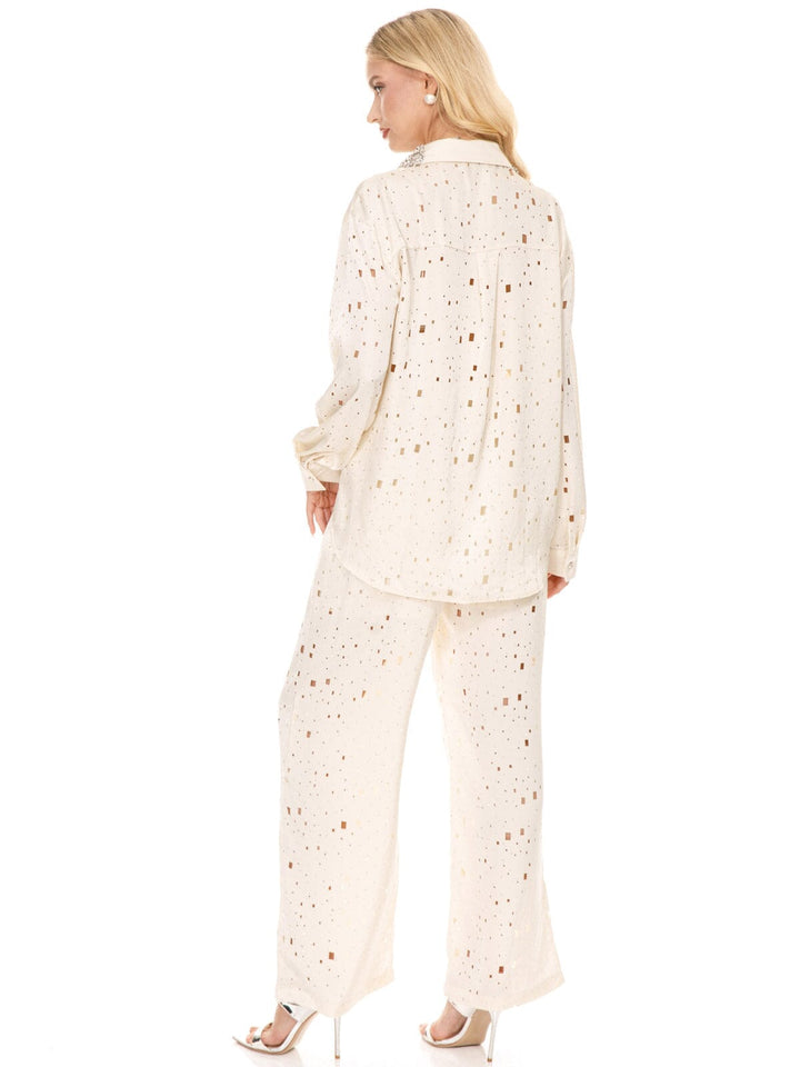 WOMEN'S LONG SLEEVE BLOUSE & ELASTIC WAIST PANTS STUDS SATIN 2PC. SET