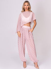 WOMEN'S HIGH-LOW CROP TOP & ELASTIC WAIST JOGGER LEG PANTS POLKA DOTS 2PC. SET