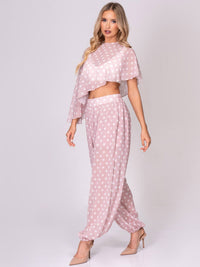 WOMEN'S HIGH-LOW CROP TOP & ELASTIC WAIST JOGGER LEG PANTS POLKA DOTS 2PC. SET