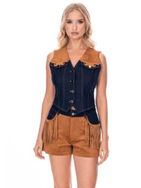 WOMEN'S SLEEVELESS TOP & BUTTON CLOSURE SHORTS COLORBLOCK FRINGE DENIM 2PC. SET