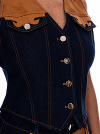 WOMEN'S SLEEVELESS TOP & BUTTON CLOSURE SHORTS COLORBLOCK FRINGE DENIM 2PC. SET