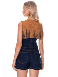 WOMEN'S SLEEVELESS TOP & BUTTON CLOSURE SHORTS COLORBLOCK FRINGE DENIM 2PC. SET