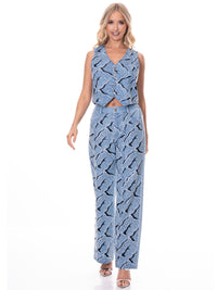 WOMEN'S SLEEVELESS BUTTON UP TOP & BUTTON CLOSURE PANTS SEQUINS PRINT 2PC. SET