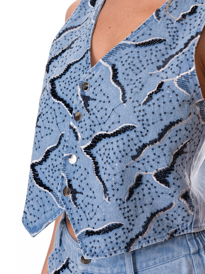 WOMEN'S SLEEVELESS BUTTON UP TOP & BUTTON CLOSURE PANTS SEQUINS PRINT 2PC. SET