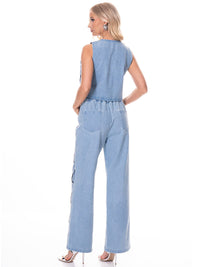 WOMEN'S SLEEVELESS BUTTON UP TOP & BUTTON CLOSURE PANTS SEQUINS PRINT 2PC. SET