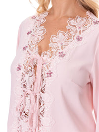 WOMEN'S LONG SLEEVE BLOUSE & ELASTIC WAIST SHORTS CROCHET FLORAL 2PC. SET