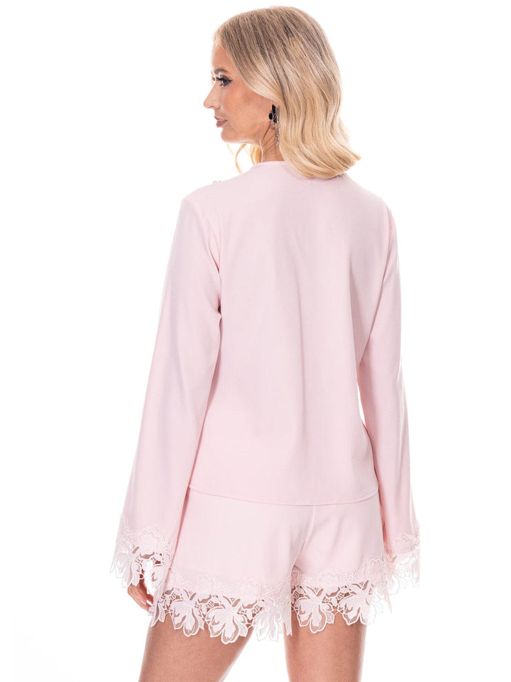 WOMEN'S LONG SLEEVE BLOUSE & ELASTIC WAIST SHORTS CROCHET FLORAL 2PC. SET