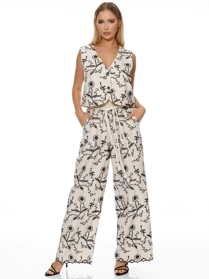 WOMEN'S SLEEVELESS TOP & WIDE LEG PANTS EMBROIDERY DETAILED 2PC. SET