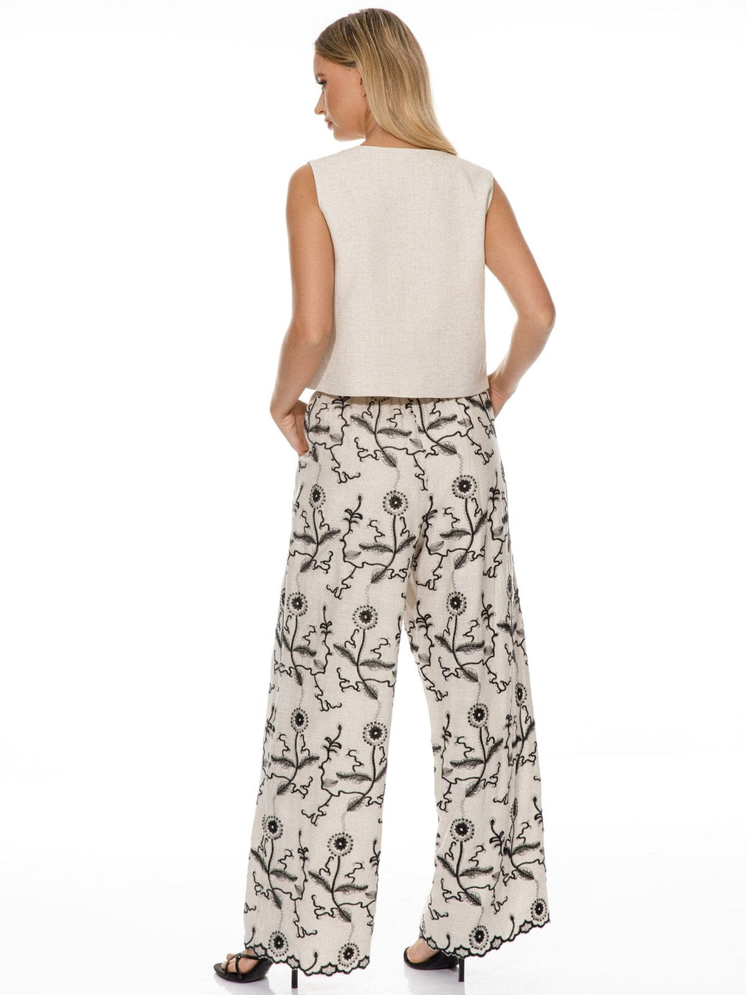 WOMEN'S SLEEVELESS TOP & WIDE LEG PANTS EMBROIDERY DETAILED 2PC. SET