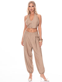 WOMEN'S HALTER NECK CROP TOP & BUTTON CLOSURE JOGGER LEG PANTS STRIPES 2PC. SET