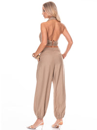 WOMEN'S HALTER NECK CROP TOP & BUTTON CLOSURE JOGGER LEG PANTS STRIPES 2PC. SET